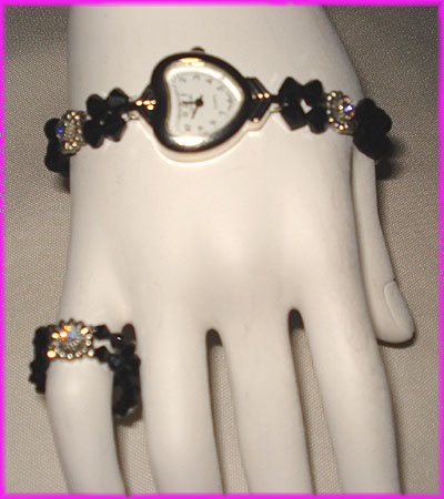 (2F) Black Beads Crystal Flower Heart Watch and Ring-